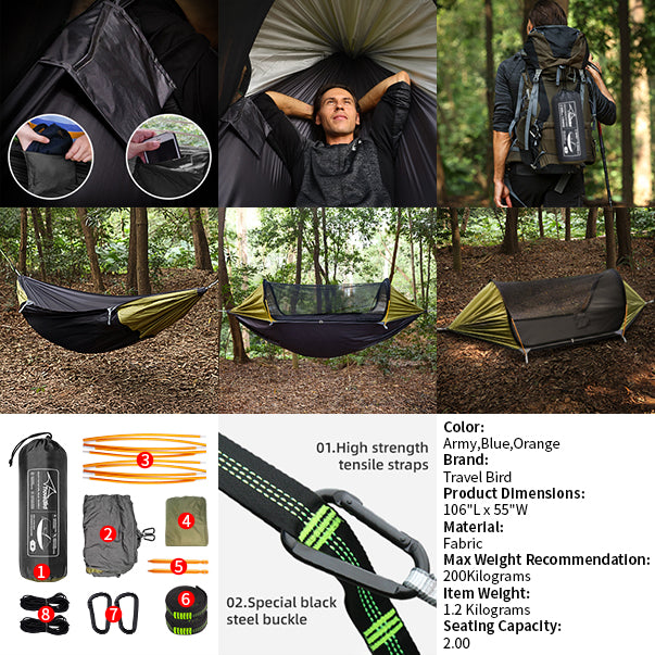etrol hängematte 4-in-1 Hanging Tent – Versatile Hammock with Mosquito Net & Detachable Sun Blinds for Ultimate Outdoor Comfort Army / 290*140cm