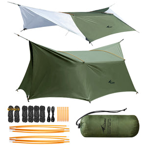 Double Pole 14ft Hammock Rain Fly Tarp Lightweight Waterproof Camping Tent Tarp with Doors Bushcraft Tarp Shelter for Backpacking Hiking Camping