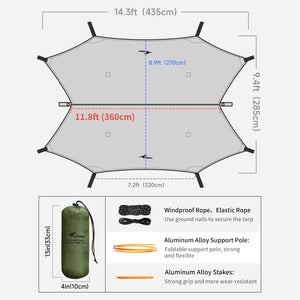 Double Pole 14ft Hammock Rain Fly Tarp Lightweight Waterproof Camping Tent Tarp with Doors Bushcraft Tarp Shelter for Backpacking Hiking Camping