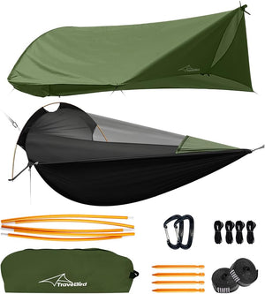 Parachute Aero 4-in-1 Ultralight Hammock System – 3000mm Rainproof Tarp, No-See-Um Mosquito Net & 40D Airlite Nylon for Backpacking, Jungle Survival & Storm Camping (EN Certified, 420g Ultra-Compact)