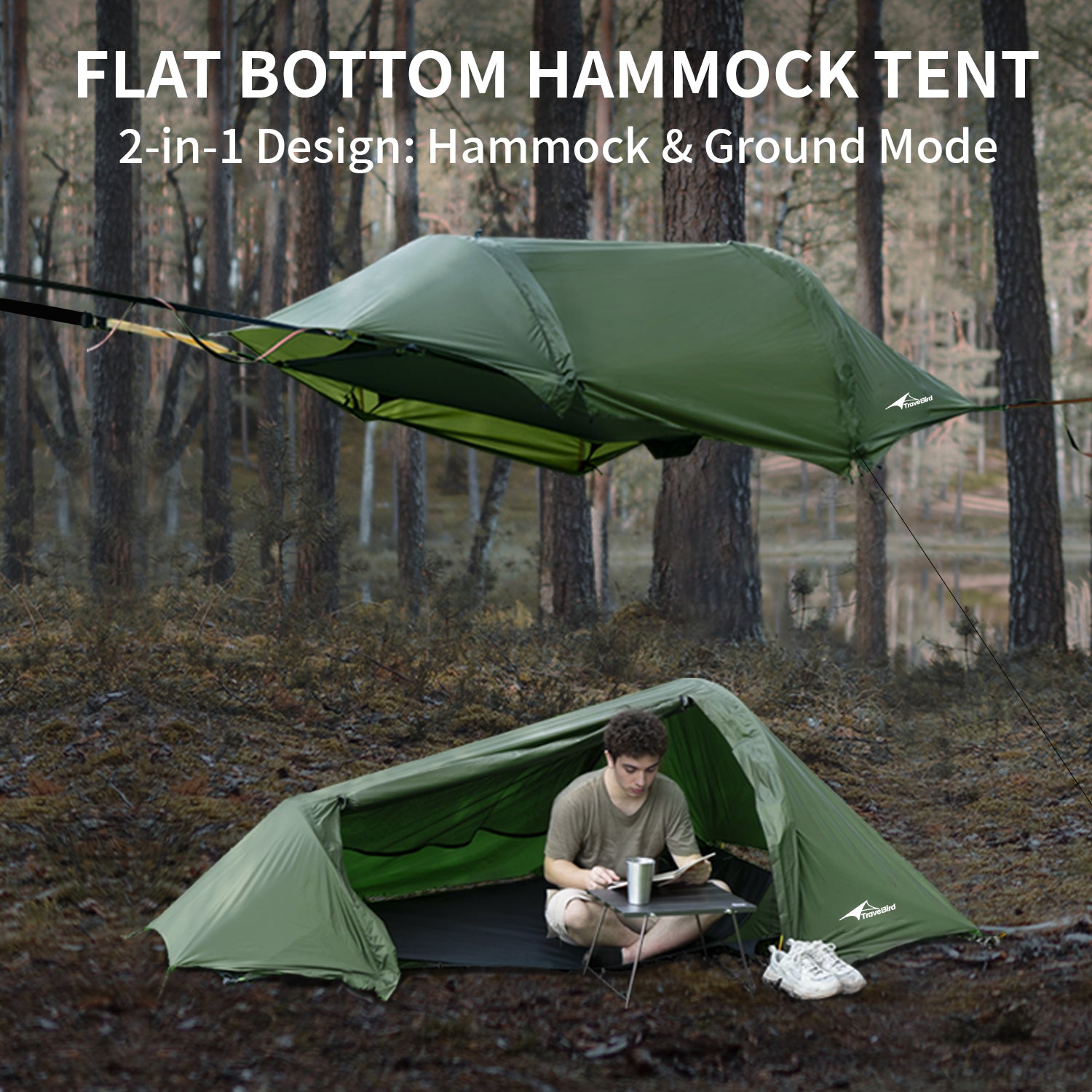 flat hammock tent 2-in-1 TriHive Hammock Flat Lay Camping Hammock with Mosquito Net & PU3000 Rainfly for Backpacking Hiking Outdoor Army Green