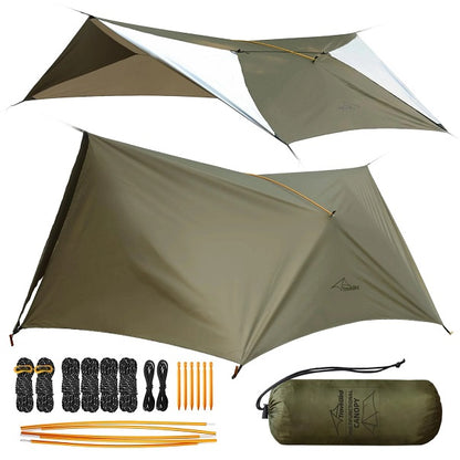 Ultralight Hammock Rain Fly Tarp Camping Tent Waterproof Portable Rain Tarp Canopy with Doors Multifunctional Bushcraft Tarp for Outdoor Backpacking Hiking