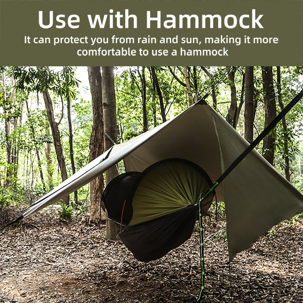 Ultralight Hammock Rain Fly Tarp Camping Tent Waterproof Portable Rain Tarp Canopy with Doors Multifunctional Bushcraft Tarp for Outdoor Backpacking