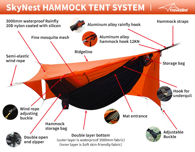 SkyNest Ultralight portable hammock with mosquito net backpacking travel jungle waterproof hammock tent Sunny Orange / 335*140cm