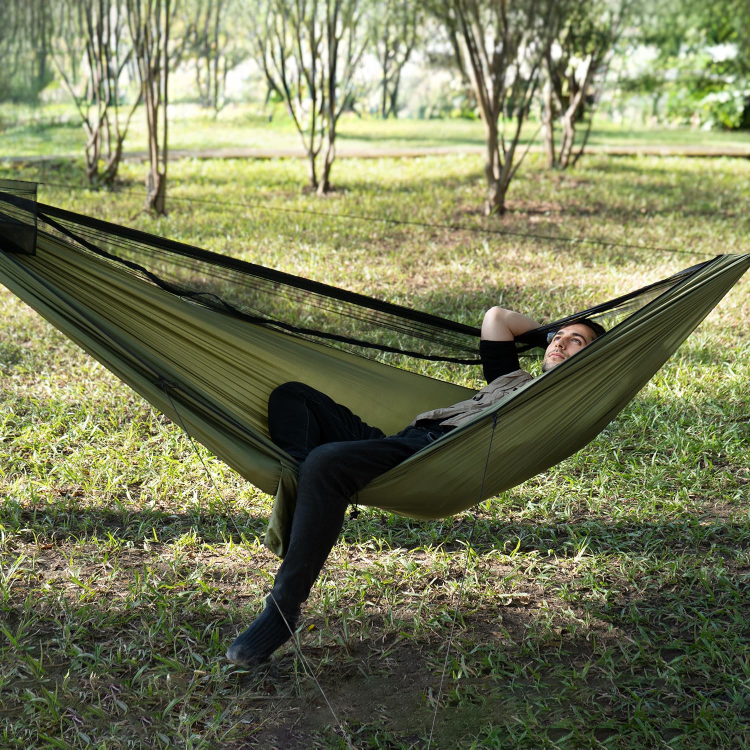 Lightweight Portable Camping Hammock – Mosquito Net & Ridge Rope for Outdoor Hiking & Travel Black